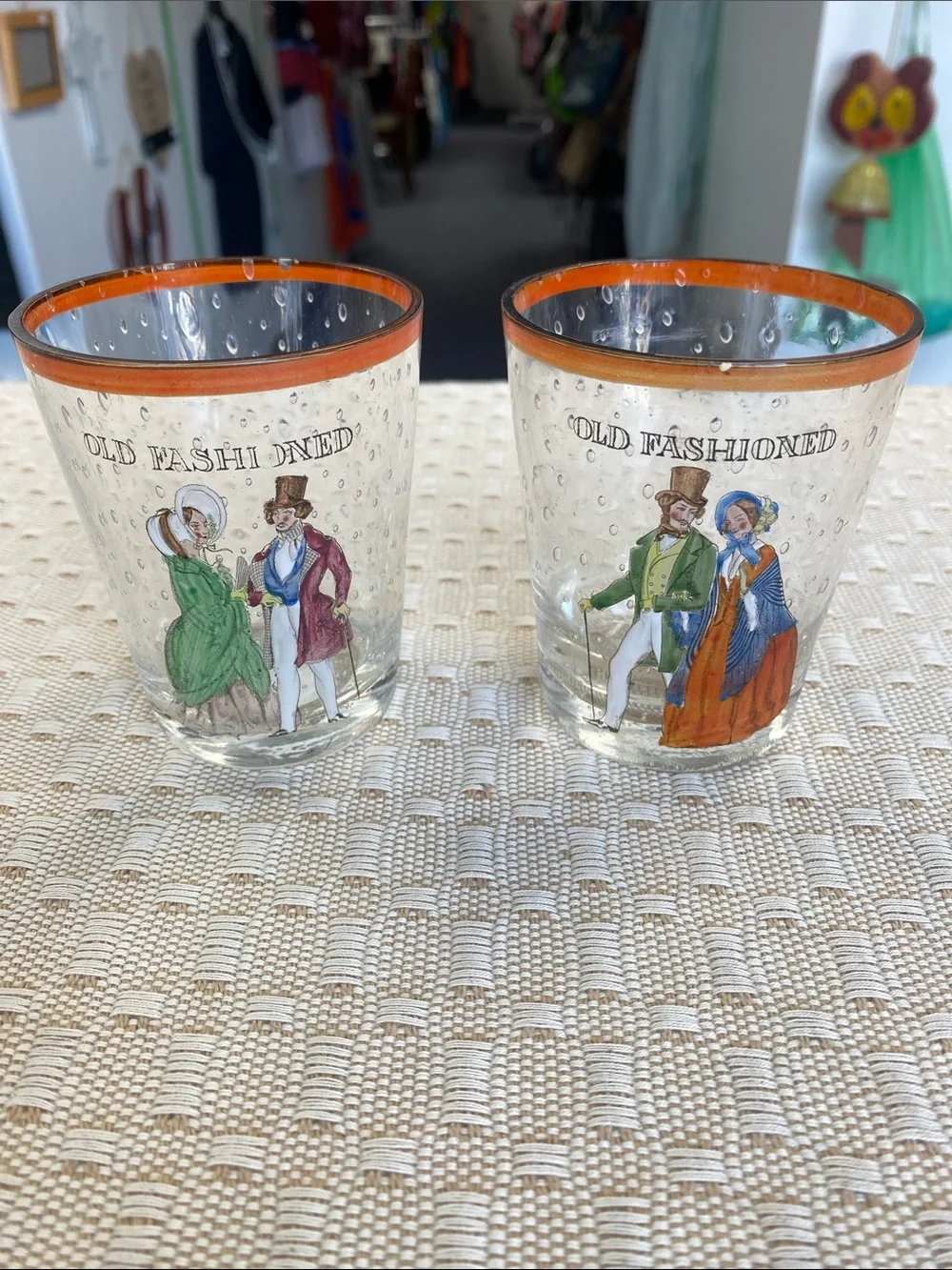 Set of 2 'Old Fashioned' Decorative Glass Tumblers with Orange Rim